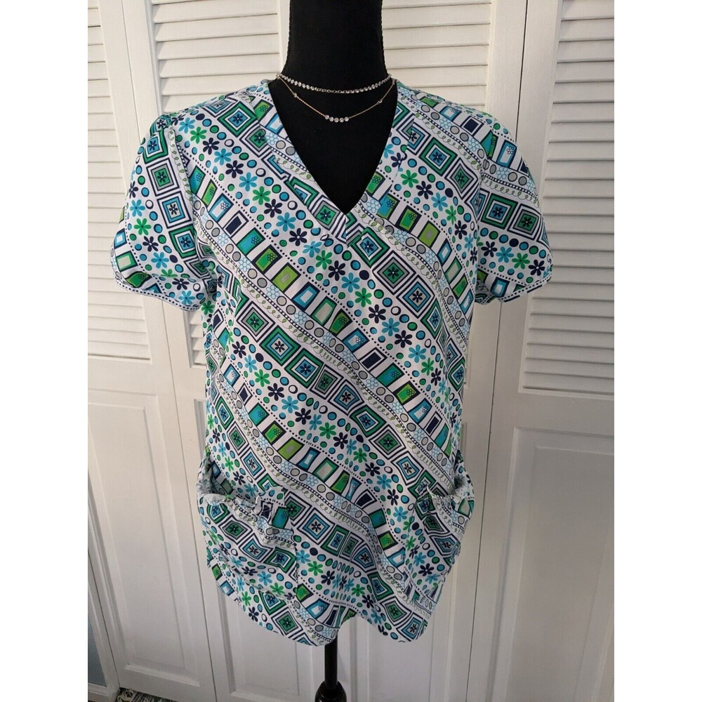 White Cross Top Womens sz M Geometric VNeck Short Slv Scrub Elasticwaist Ruffle